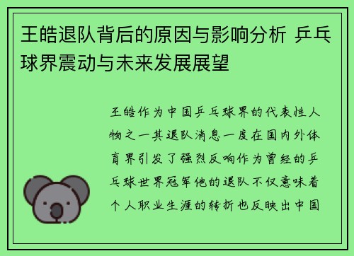 王皓退队背后的原因与影响分析 乒乓球界震动与未来发展展望 王皓退队背后的原因与影响分析 乒乓球界震动与未来发展展望